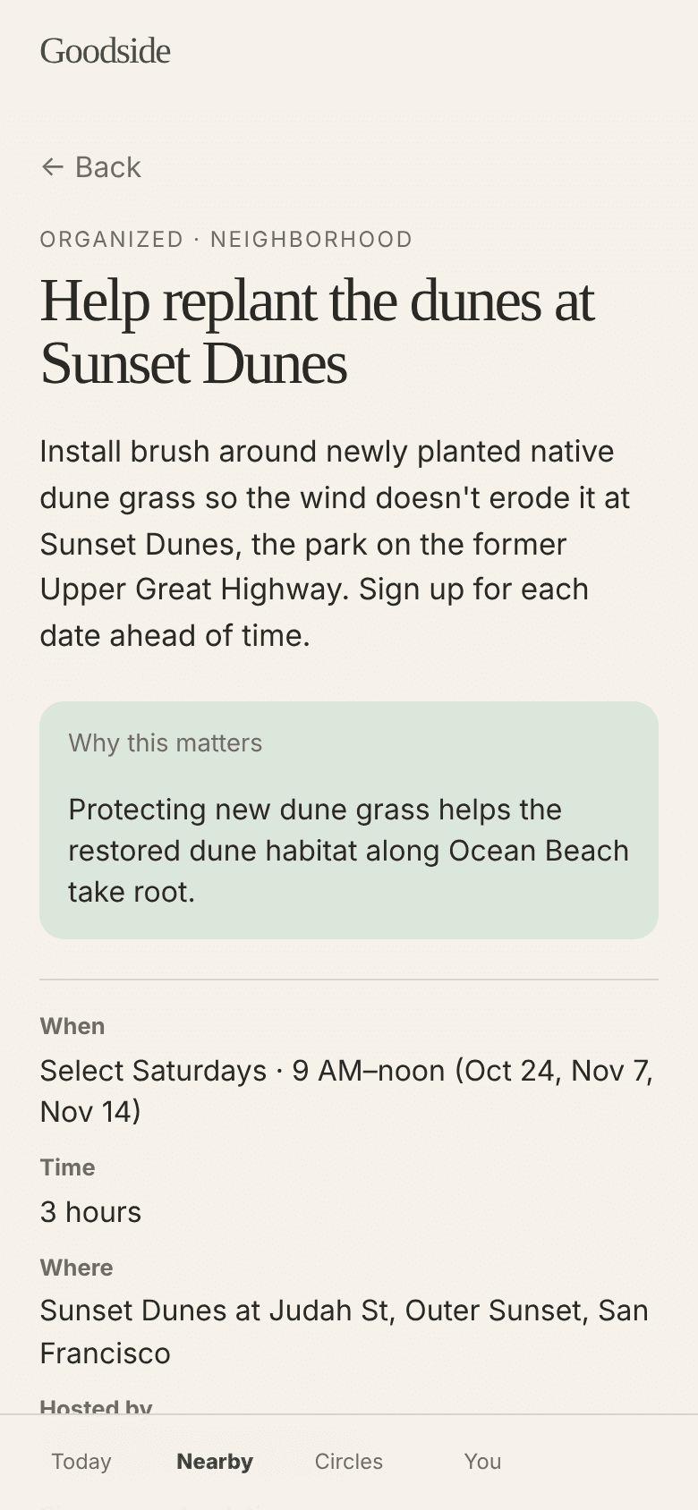 An act’s detail screen with time, place and organizer