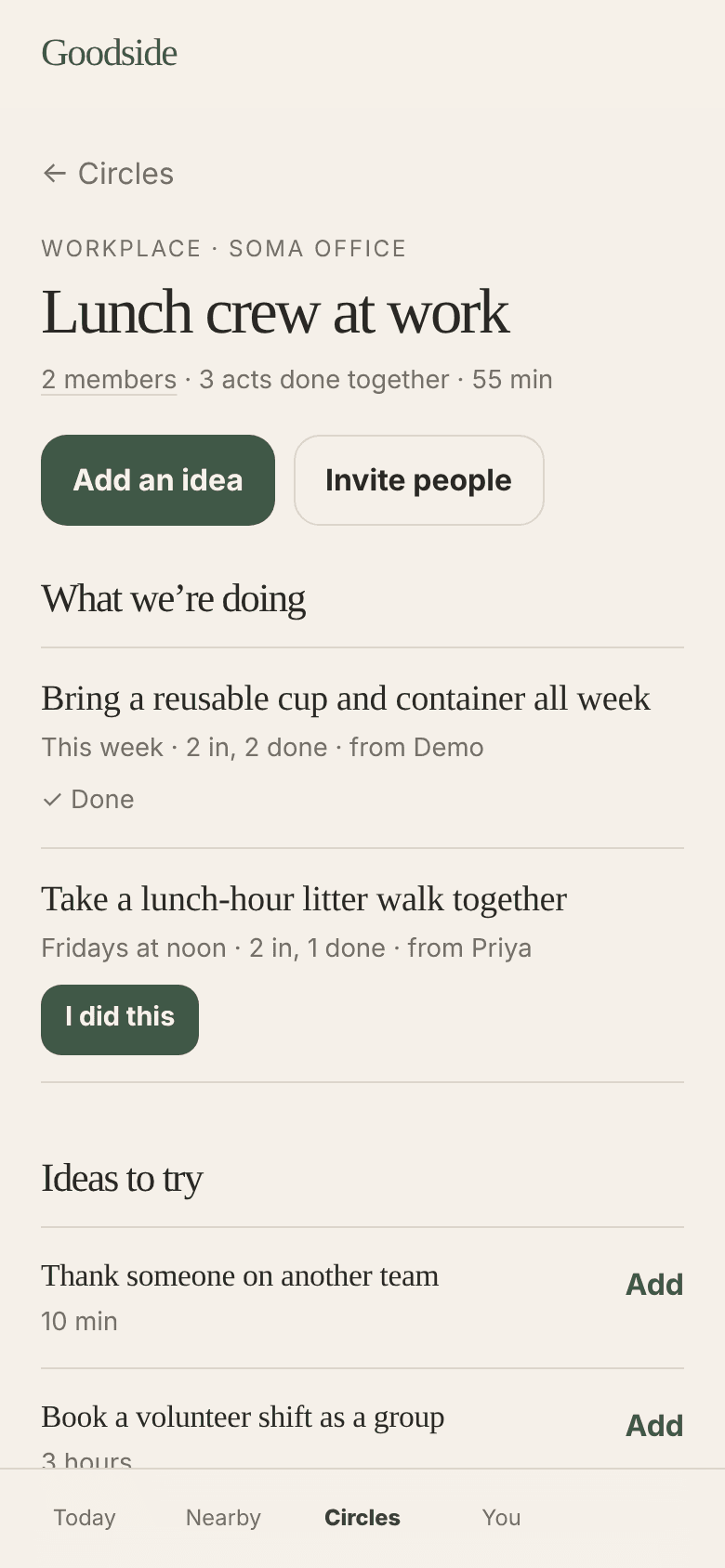 A circle for a lunch crew at work, with shared ideas and who is in
