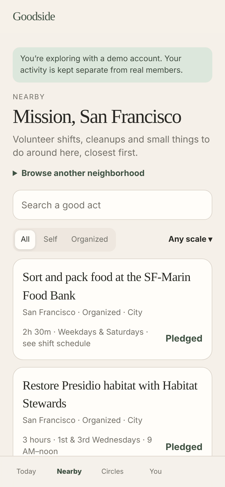 Goodside home screen listing real acts around San Francisco